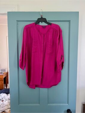 Beverly Drive Hot Pink Button-Front Blouse with Roll-Tab Sleeves
